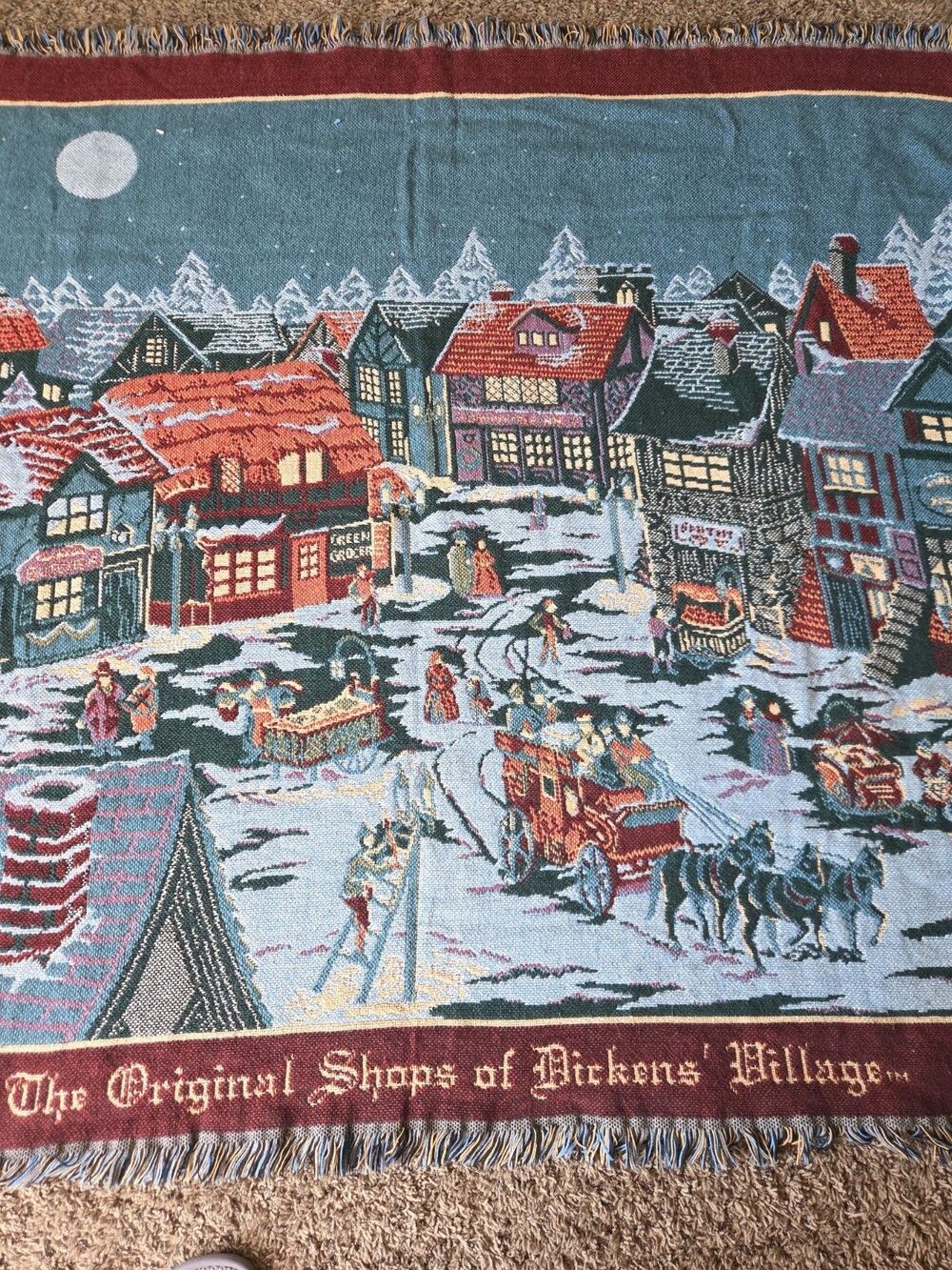 Vintage Christmas Tapestry Throw Blanket Charles Dickens Village 100 Cotton